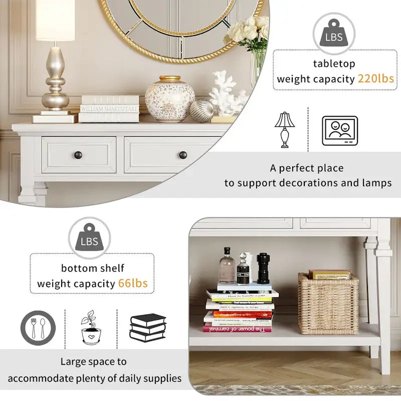 50 Farmhouse 50-Zoll klassische Retro-Konsole mit drei oberen Schubladen und offener unterer Ablage, Sofatisch mit massivem Holzrahmen