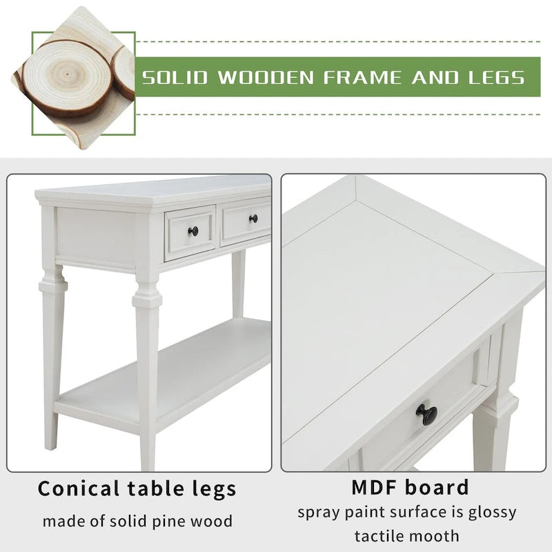 50 Farmhouse 50-Zoll klassische Retro-Konsole mit drei oberen Schubladen und offener unterer Ablage, Sofatisch mit massivem Holzrahmen