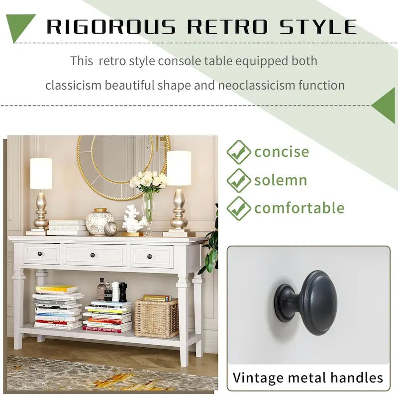 50 Farmhouse 50-Zoll klassische Retro-Konsole mit drei oberen Schubladen und offener unterer Ablage, Sofatisch mit massivem Holzrahmen