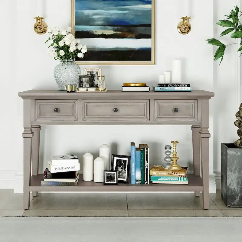 50 Farmhouse 50-Zoll klassische Retro-Konsole mit drei oberen Schubladen und offener unterer Ablage, Sofatisch mit massivem Holzrahmen