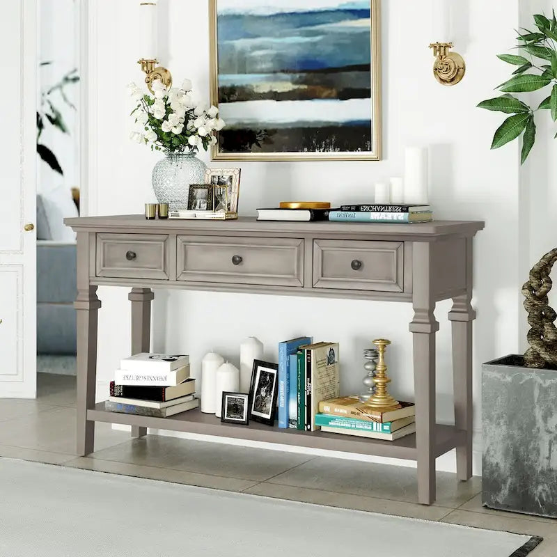 50 Farmhouse 50-Zoll klassische Retro-Konsole mit drei oberen Schubladen und offener unterer Ablage, Sofatisch mit massivem Holzrahmen