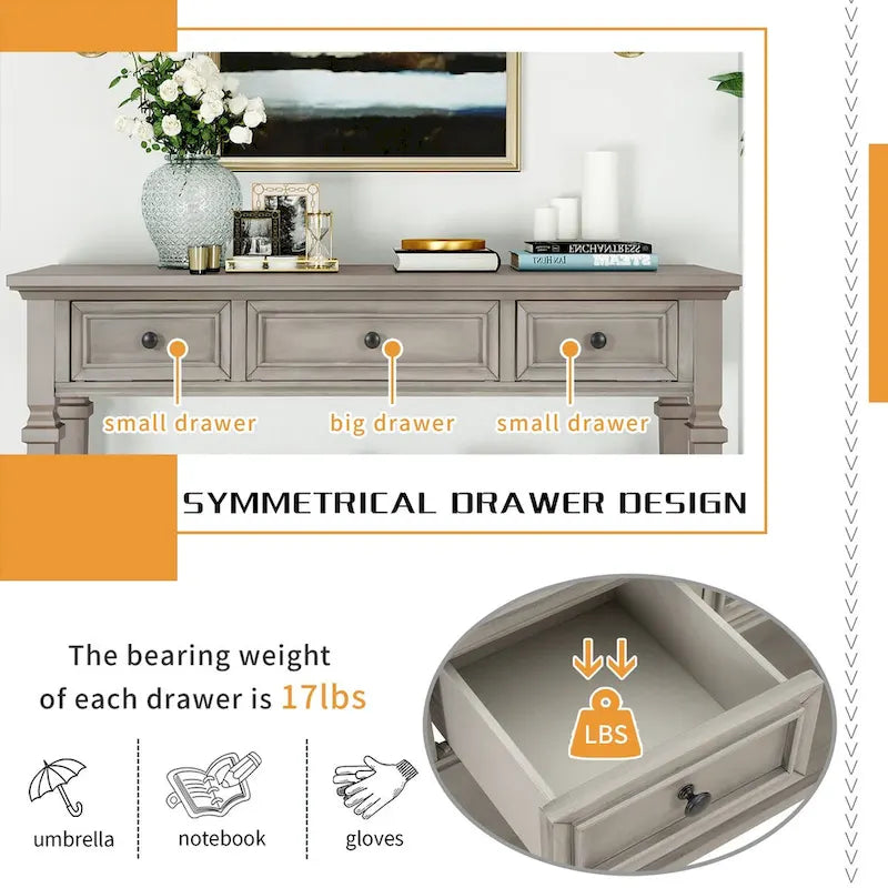50 Farmhouse 50-Zoll klassische Retro-Konsole mit drei oberen Schubladen und offener unterer Ablage, Sofatisch mit massivem Holzrahmen