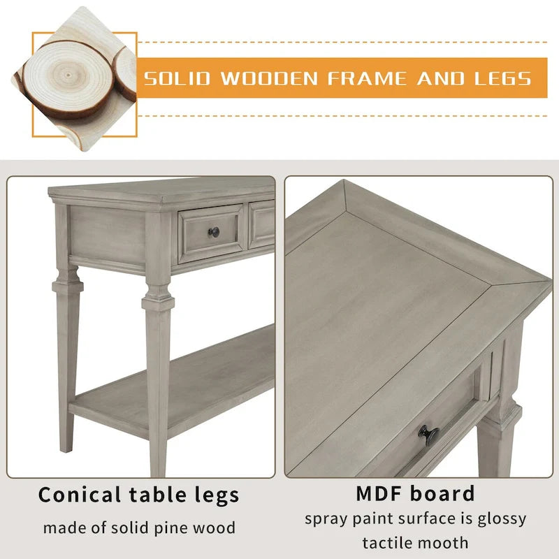 50 Farmhouse 50-Zoll klassische Retro-Konsole mit drei oberen Schubladen und offener unterer Ablage, Sofatisch mit massivem Holzrahmen