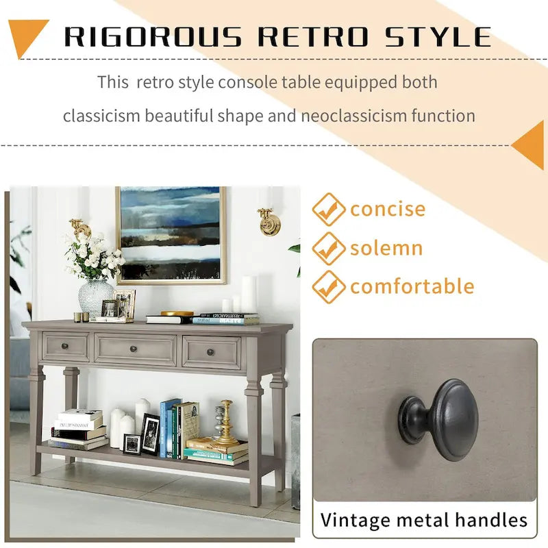 50 Farmhouse 50-Zoll klassische Retro-Konsole mit drei oberen Schubladen und offener unterer Ablage, Sofatisch mit massivem Holzrahmen