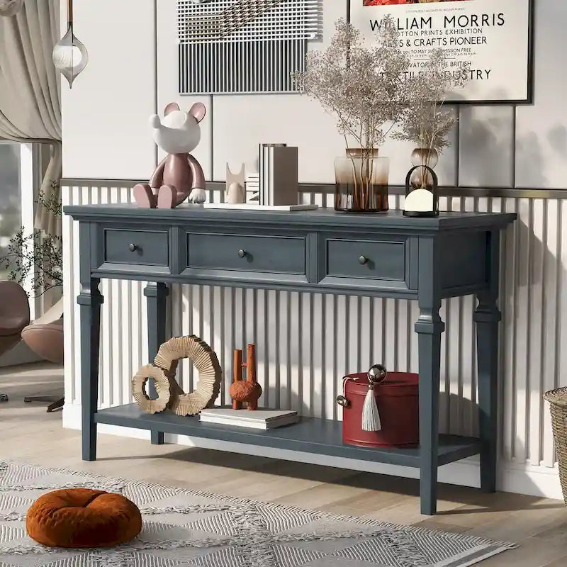 50 Farmhouse 50-Zoll klassische Retro-Konsole mit drei oberen Schubladen und offener unterer Ablage, Sofatisch mit massivem Holzrahmen