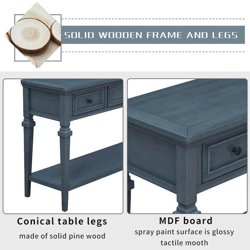 50 Farmhouse 50-Zoll klassische Retro-Konsole mit drei oberen Schubladen und offener unterer Ablage, Sofatisch mit massivem Holzrahmen