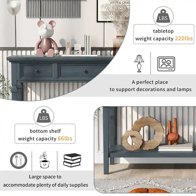50 Farmhouse 50-Zoll klassische Retro-Konsole mit drei oberen Schubladen und offener unterer Ablage, Sofatisch mit massivem Holzrahmen