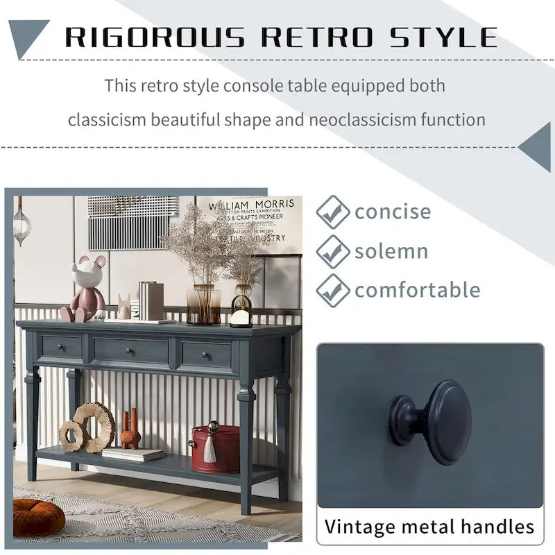 50 Farmhouse 50-Zoll klassische Retro-Konsole mit drei oberen Schubladen und offener unterer Ablage, Sofatisch mit massivem Holzrahmen