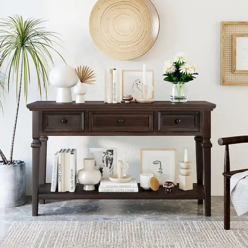 50 Farmhouse 50-Zoll klassische Retro-Konsole mit drei oberen Schubladen und offener unterer Ablage, Sofatisch mit massivem Holzrahmen