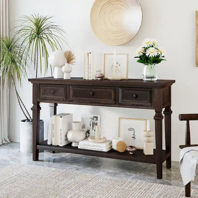 50 Farmhouse 50-Zoll klassische Retro-Konsole mit drei oberen Schubladen und offener unterer Ablage, Sofatisch mit massivem Holzrahmen