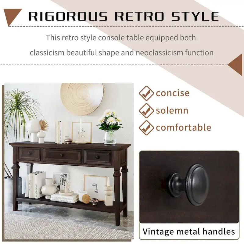 50 Farmhouse 50-Zoll klassische Retro-Konsole mit drei oberen Schubladen und offener unterer Ablage, Sofatisch mit massivem Holzrahmen
