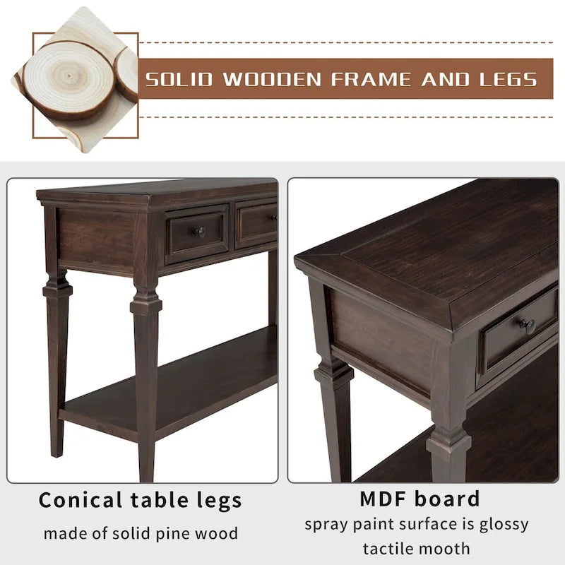 50 Farmhouse 50-Zoll klassische Retro-Konsole mit drei oberen Schubladen und offener unterer Ablage, Sofatisch mit massivem Holzrahmen