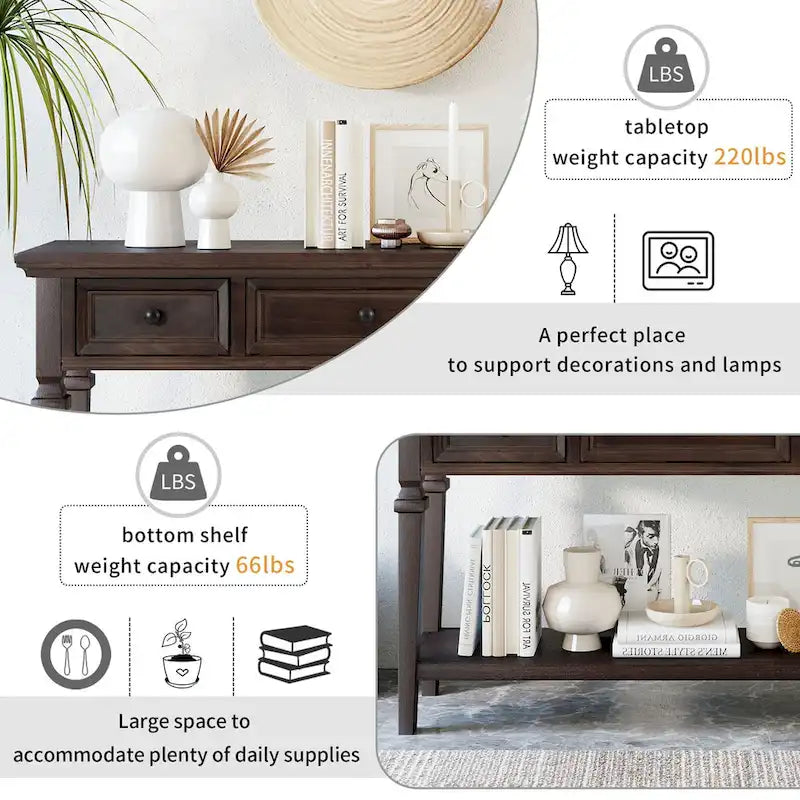 50 Farmhouse 50-Zoll klassische Retro-Konsole mit drei oberen Schubladen und offener unterer Ablage, Sofatisch mit massivem Holzrahmen