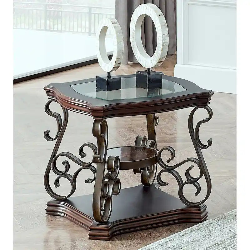 Traditionelles Set aus Tischen mit gehärteter Glasplatte, Couchtisch, Konsolentisch, Beistelltisch und Retro-Metallbeinen