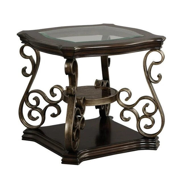 Traditionelles Set aus Tischen mit gehärteter Glasplatte, Couchtisch, Konsolentisch, Beistelltisch und Retro-Metallbeinen