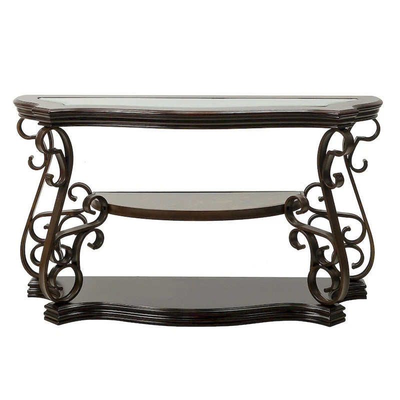 Traditionelles Set aus Tischen mit gehärteter Glasplatte, Couchtisch, Konsolentisch, Beistelltisch und Retro-Metallbeinen