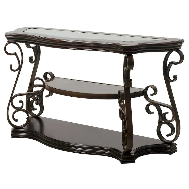 Traditionelles Set aus Tischen mit gehärteter Glasplatte, Couchtisch, Konsolentisch, Beistelltisch und Retro-Metallbeinen