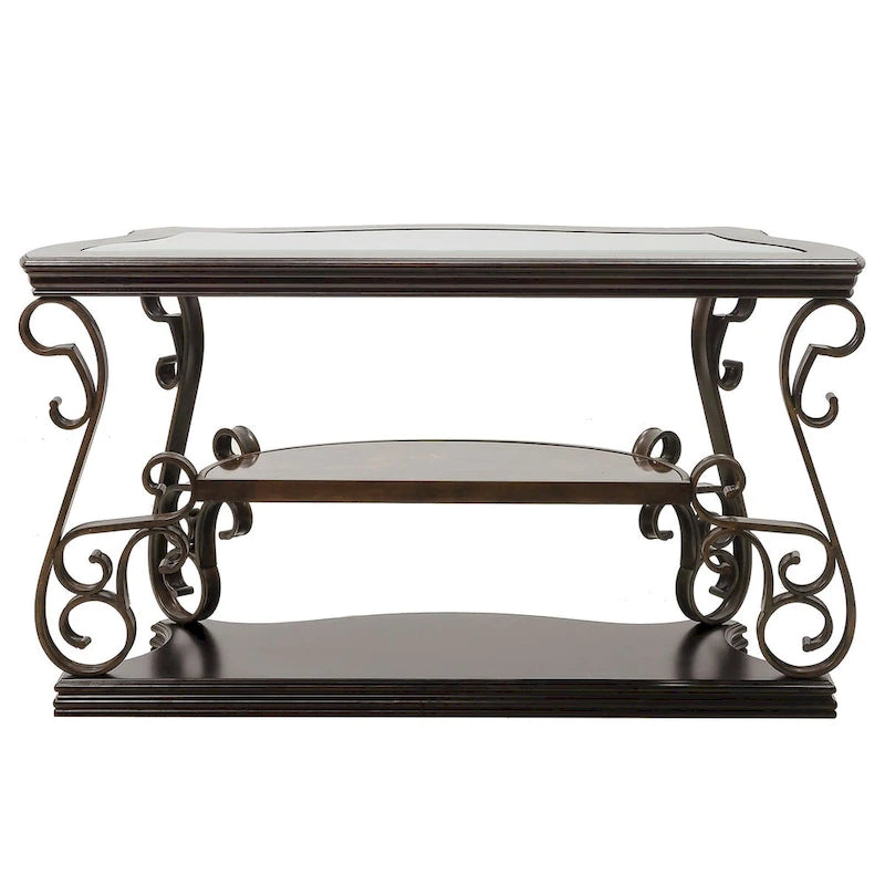Traditionelles Set aus Tischen mit gehärteter Glasplatte, Couchtisch, Konsolentisch, Beistelltisch und Retro-Metallbeinen