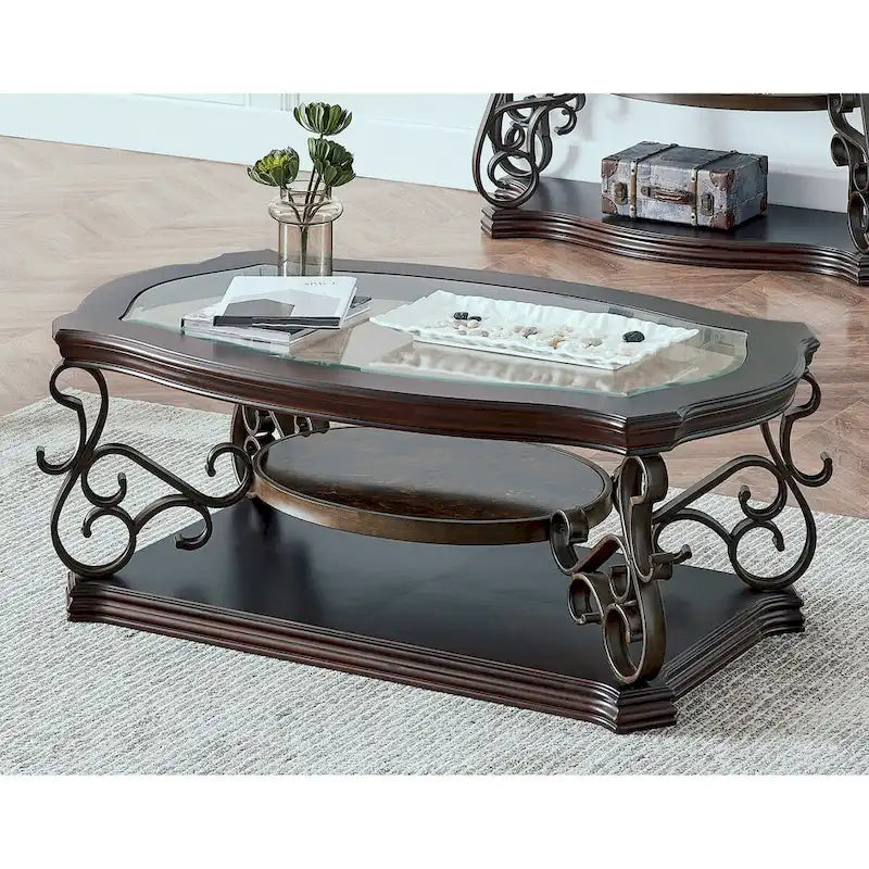 Traditionelles Set aus Tischen mit gehärteter Glasplatte, Couchtisch, Konsolentisch, Beistelltisch und Retro-Metallbeinen