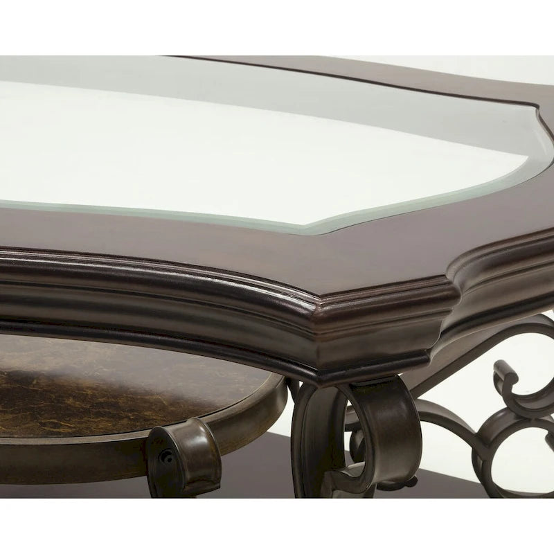 Traditionelles Set aus Tischen mit gehärteter Glasplatte, Couchtisch, Konsolentisch, Beistelltisch und Retro-Metallbeinen
