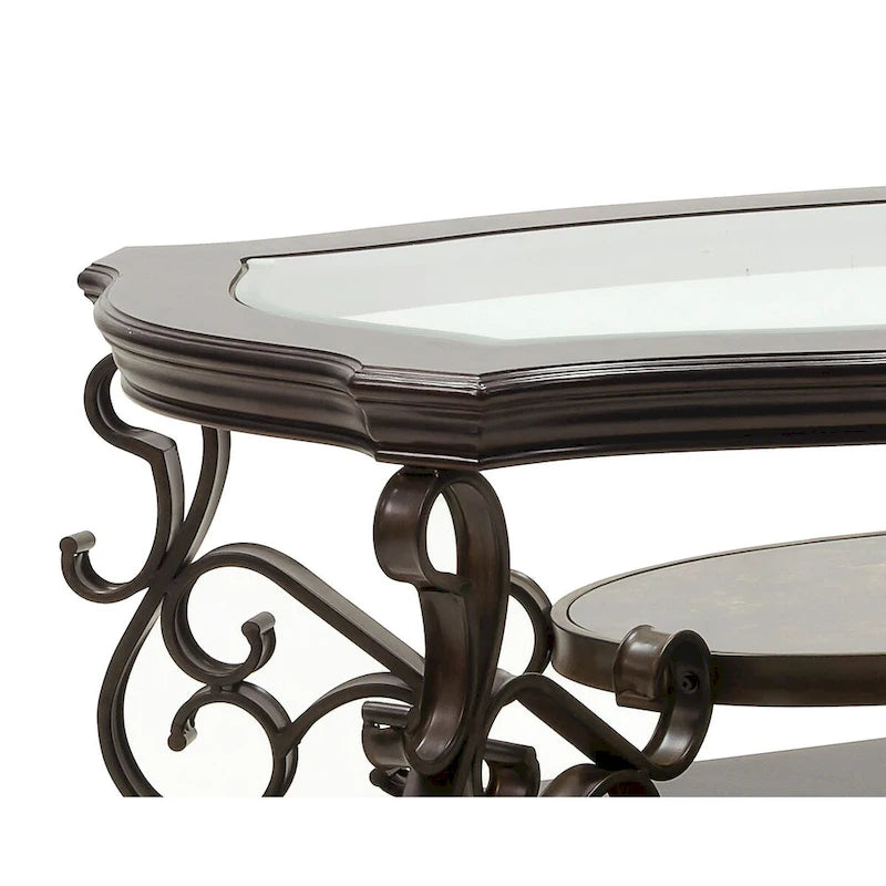 Traditionelles Set aus Tischen mit gehärteter Glasplatte, Couchtisch, Konsolentisch, Beistelltisch und Retro-Metallbeinen