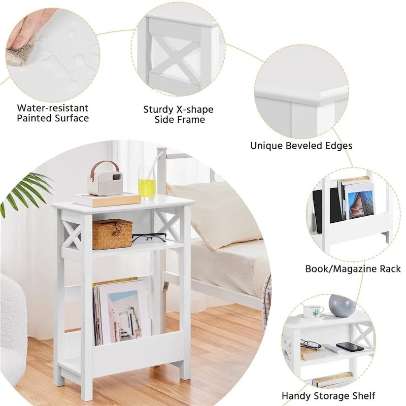 Yaheetech Moderner Sofa-Beistelltisch mit Ablagefach, 3-stufiger schlanker Beistelltisch, Weiß