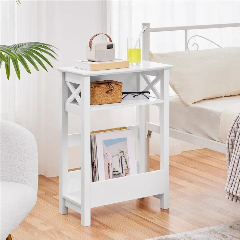 Yaheetech Moderner Sofa-Beistelltisch mit Ablagefach, 3-stufiger schlanker Beistelltisch, Weiß