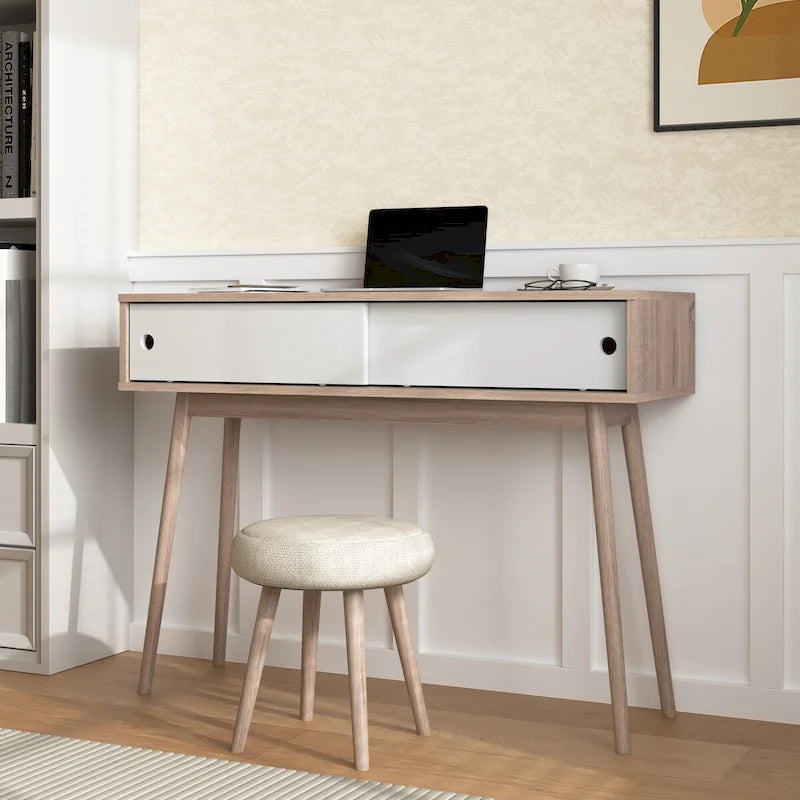 Flurtisch mit 2 Schubladen mit geschnitzter Front, Konsolentisch mit Stauraum und Holzbeinen, Sofatisch hinter der Couch für den Flur