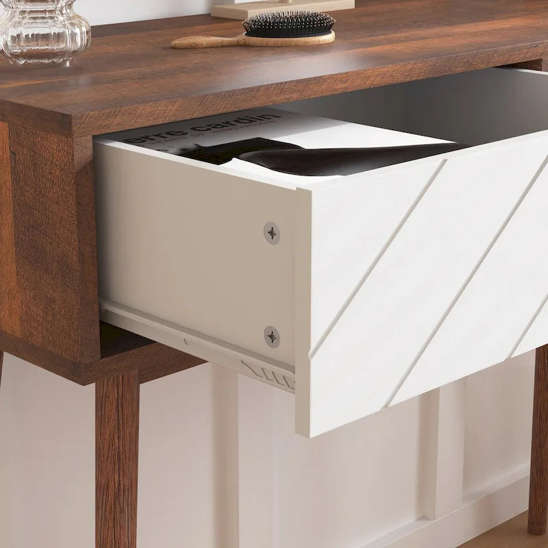Flurtisch mit 2 Schubladen mit geschnitzter Front, Konsolentisch mit Stauraum und Holzbeinen, Sofatisch hinter der Couch für den Flur