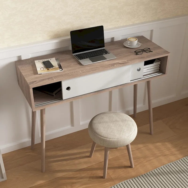 Flurtisch mit 2 Schubladen mit geschnitzter Front, Konsolentisch mit Stauraum und Holzbeinen, Sofatisch hinter der Couch für den Flur