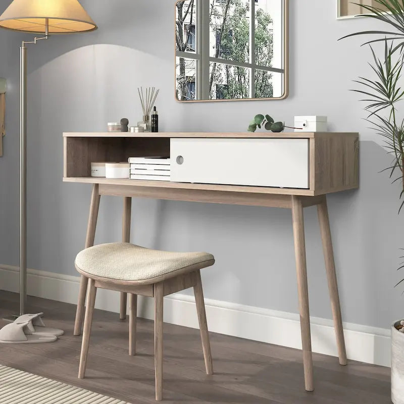 Flurtisch mit 2 Schubladen mit geschnitzter Front, Konsolentisch mit Stauraum und Holzbeinen, Sofatisch hinter der Couch für den Flur