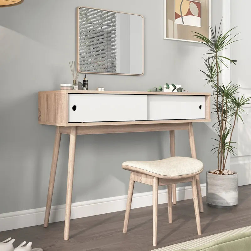 Flurtisch mit 2 Schubladen mit geschnitzter Front, Konsolentisch mit Stauraum und Holzbeinen, Sofatisch hinter der Couch für den Flur