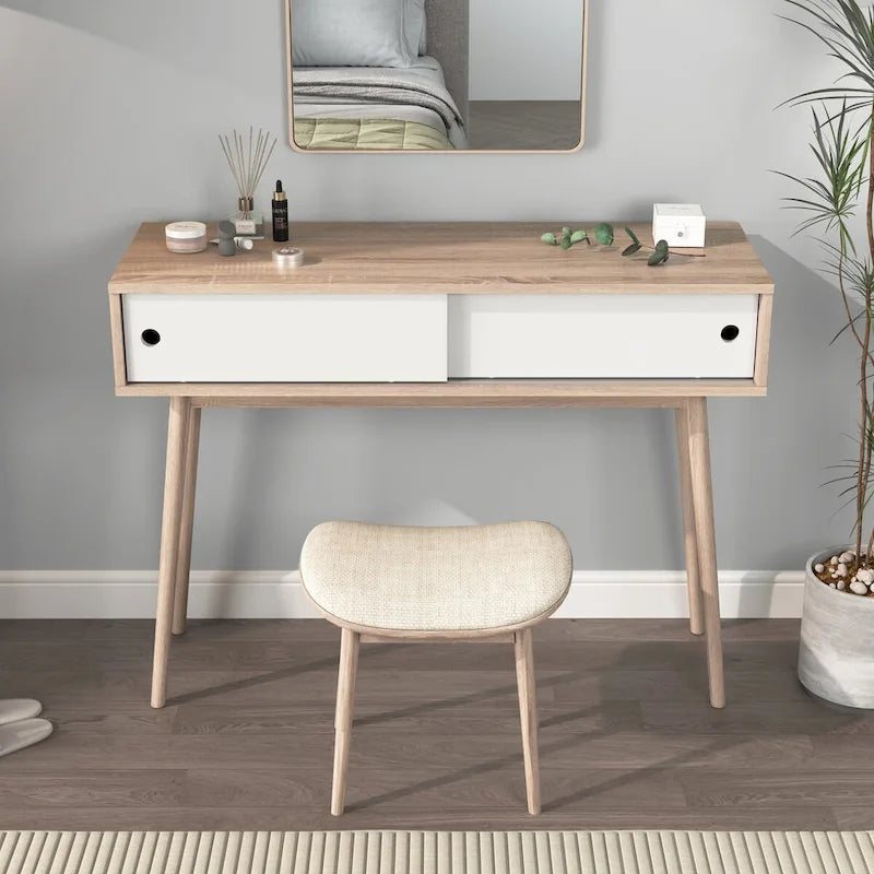 Flurtisch mit 2 Schubladen mit geschnitzter Front, Konsolentisch mit Stauraum und Holzbeinen, Sofatisch hinter der Couch für den Flur
