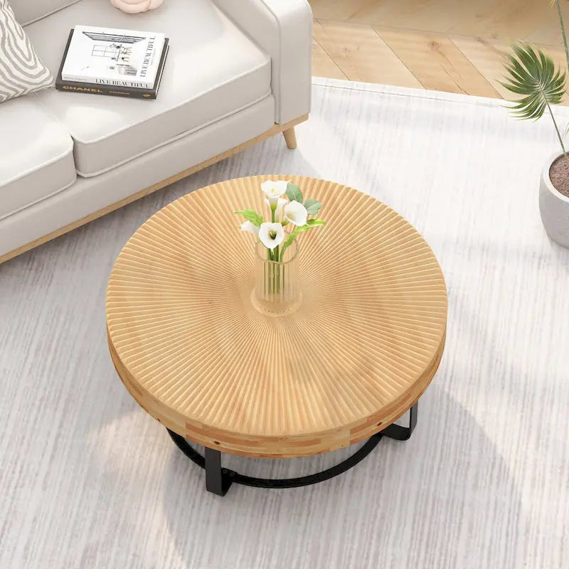 Moderner runder Couchtisch mit Holz-Schnitzmuster, Couchtisch mit Metallbeinen für Wohnzimmer, Empfangszimmer, Büro, Schwarz