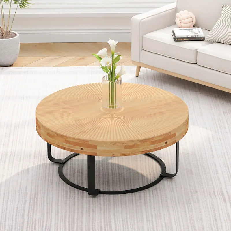 Moderner runder Couchtisch mit Holz-Schnitzmuster, Couchtisch mit Metallbeinen für Wohnzimmer, Empfangszimmer, Büro, Schwarz
