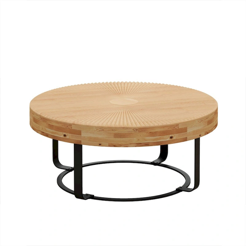 Moderner runder Couchtisch mit Holz-Schnitzmuster, Couchtisch mit Metallbeinen für Wohnzimmer, Empfangszimmer, Büro, Schwarz