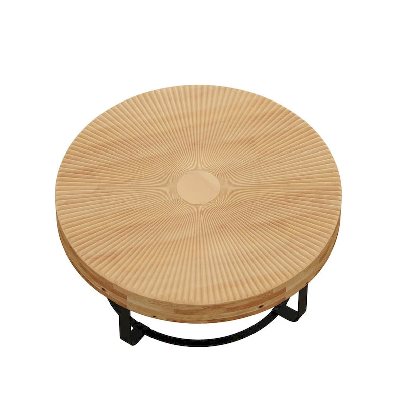 Moderner runder Couchtisch mit Holz-Schnitzmuster, Couchtisch mit Metallbeinen für Wohnzimmer, Empfangszimmer, Büro, Schwarz