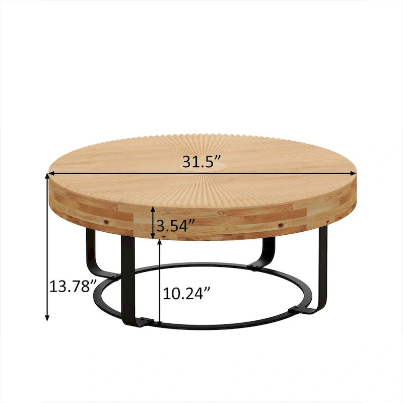 Moderner runder Couchtisch mit Holz-Schnitzmuster, Couchtisch mit Metallbeinen für Wohnzimmer, Empfangszimmer, Büro, Schwarz