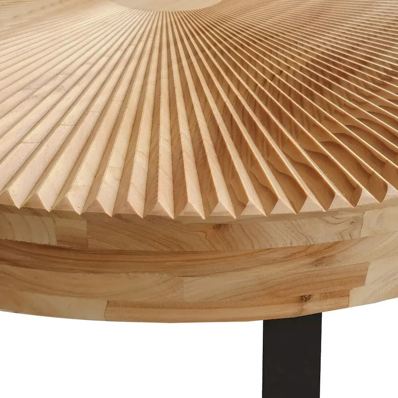 Moderner runder Couchtisch mit Holz-Schnitzmuster, Couchtisch mit Metallbeinen für Wohnzimmer, Empfangszimmer, Büro, Schwarz