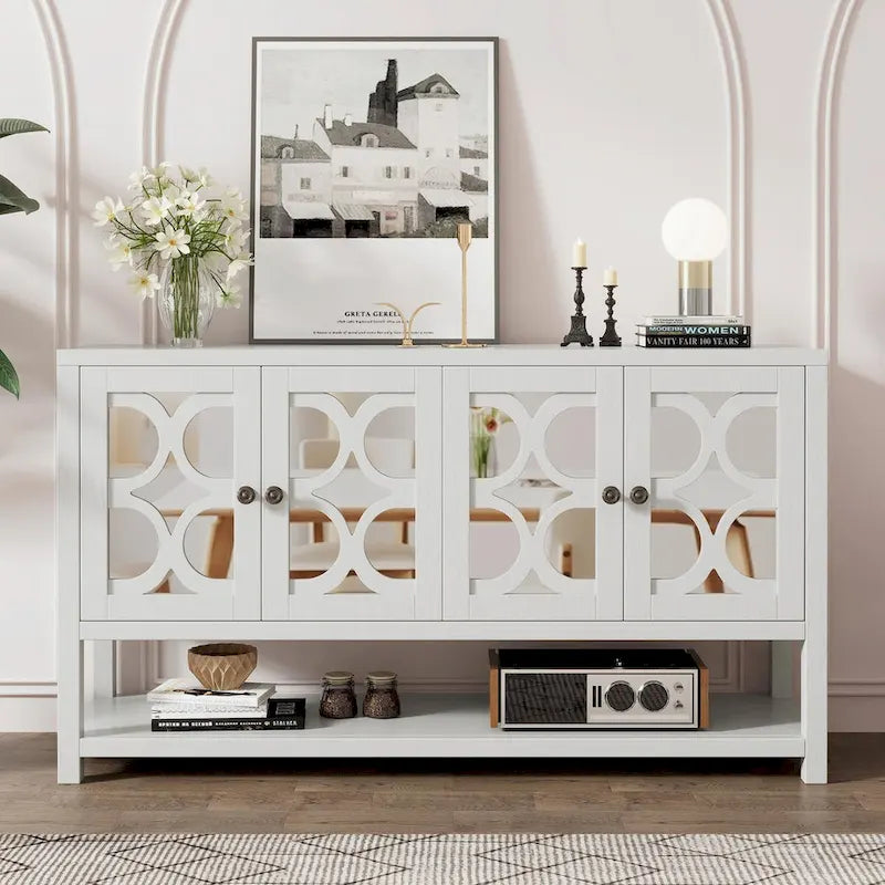 Eleganter Retro Konsolentisch mit Spiegeltüren, geräumigen Ablageflächen und strapazierfähigen Beinen aus Akazienholz