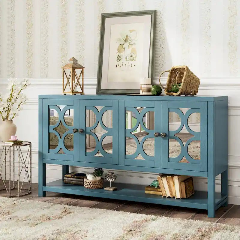 Eleganter Retro Konsolentisch mit Spiegeltüren, geräumigen Ablageflächen und strapazierfähigen Beinen aus Akazienholz
