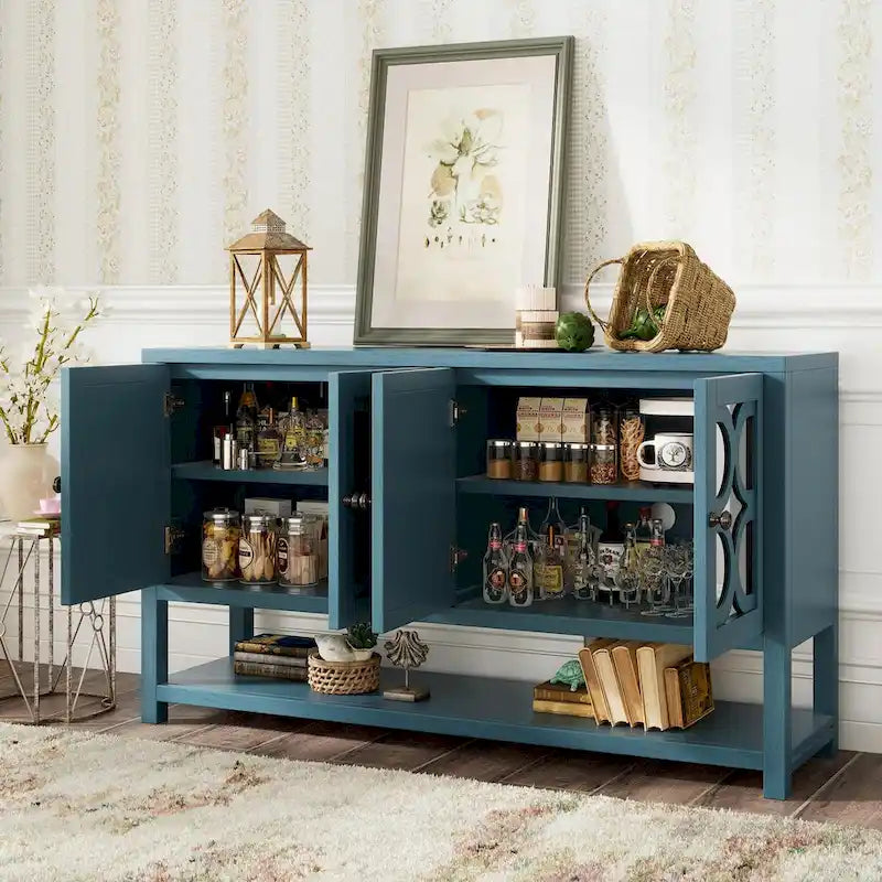 Eleganter Retro Konsolentisch mit Spiegeltüren, geräumigen Ablageflächen und strapazierfähigen Beinen aus Akazienholz