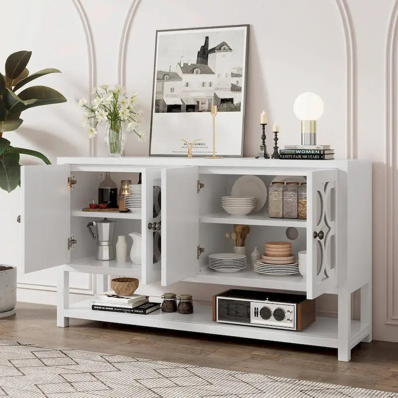 Eleganter Retro Konsolentisch mit Spiegeltüren, geräumigen Ablageflächen und strapazierfähigen Beinen aus Akazienholz
