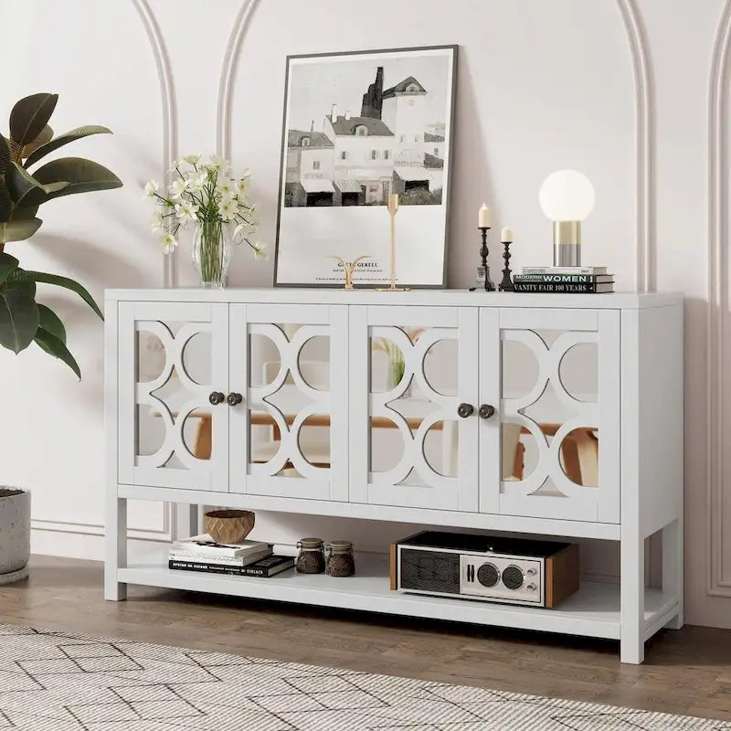 Eleganter Retro Konsolentisch mit Spiegeltüren, geräumigen Ablageflächen und strapazierfähigen Beinen aus Akazienholz