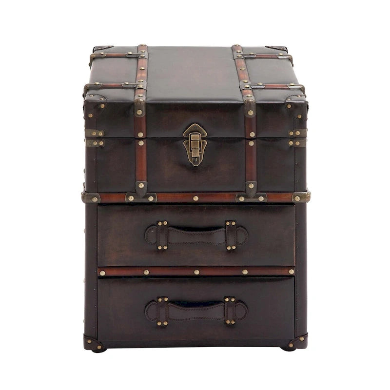 Linen Fabric or Faux Leather 2 Drawer Cabinet or Accent Table with Buckle Hinged Top - Dark Brown or Blue - Roche River Decor