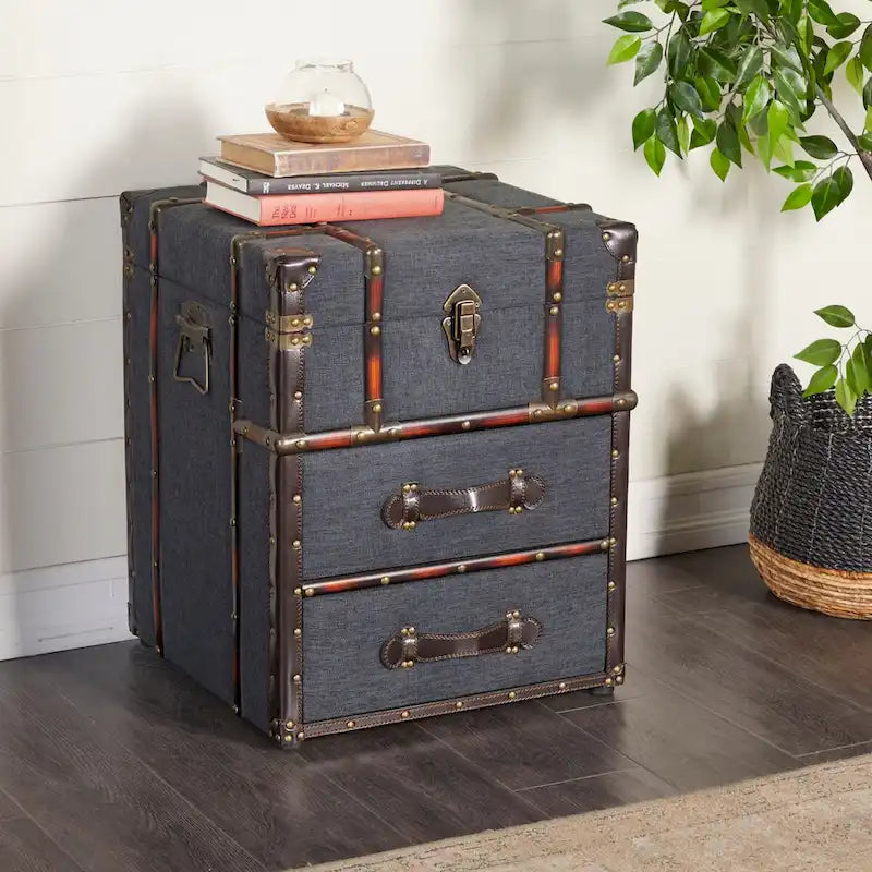 Wäschestoff oder Kunstleder 2-Schubladen-Schrank oder Beistelltisch mit Schnappscharnierdeckel - Dunkelbraun oder Blau - Roche River Decor