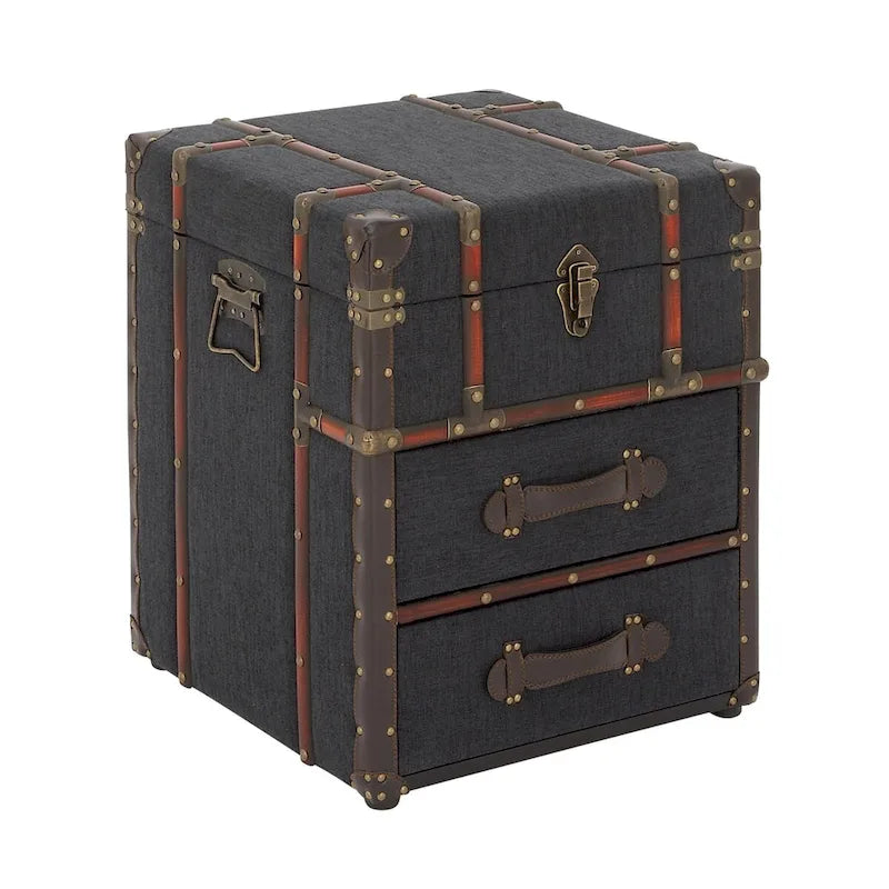 Wäschestoff oder Kunstleder 2-Schubladen-Schrank oder Beistelltisch mit Schnappscharnierdeckel - Dunkelbraun oder Blau - Roche River Decor