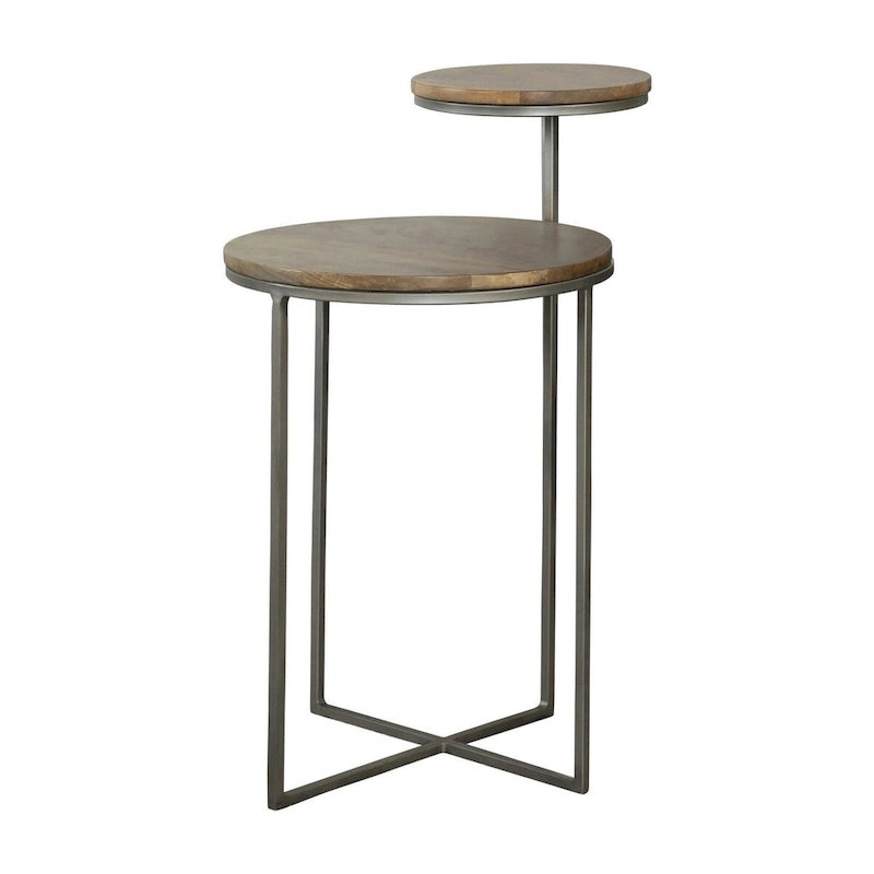 29 Zoll Moderner runder Beistelltisch, 2 Ebenen, braune Holzplatten, graues Metallgestell