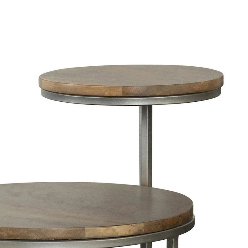 29 Zoll Moderner runder Beistelltisch, 2 Ebenen, braune Holzplatten, graues Metallgestell