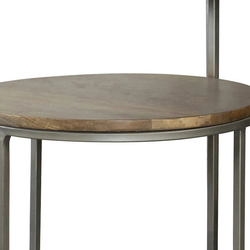 29 Zoll Moderner runder Beistelltisch, 2 Ebenen, braune Holzplatten, graues Metallgestell